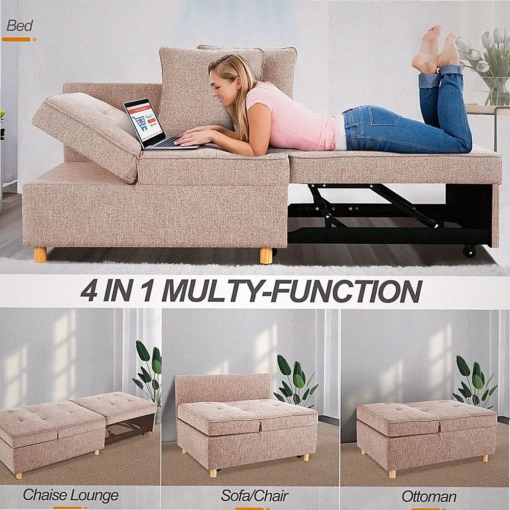 Sleeper Sofa, 4-in-1 Convertible Ottoman Loveseat w/Pillows &Adjustable Backrest