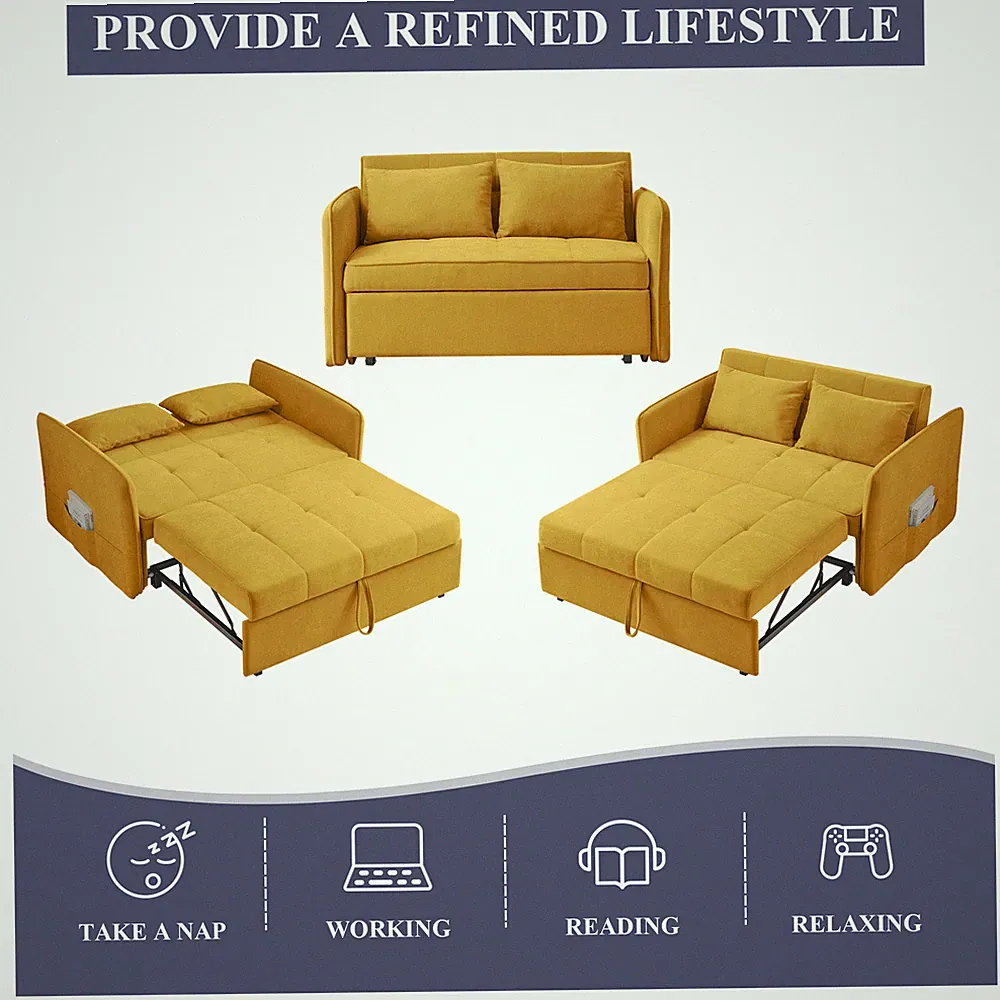 53.5''Chenille 3-in-1 Sleeper Loveseat,Adjustable Armrests,Easy Assemble