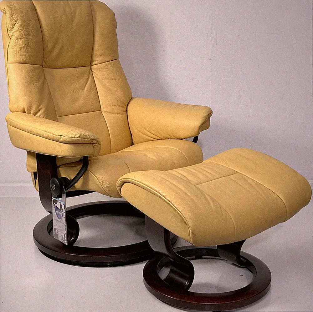 Ekornes Stressless Small MAYFAIR Yellow Leather Swivel Recliner Chair & Ottoman