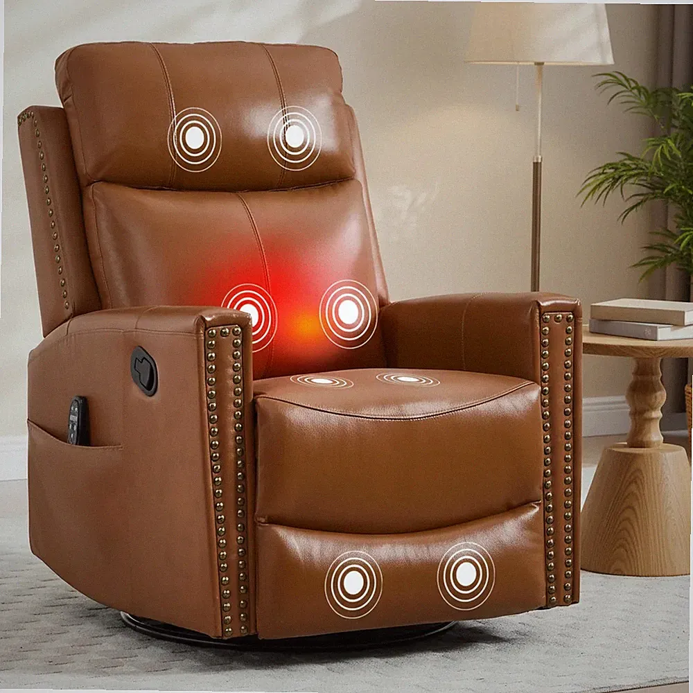 Genuine leather swivel rocker recliner deep yellow massage heat manual chair