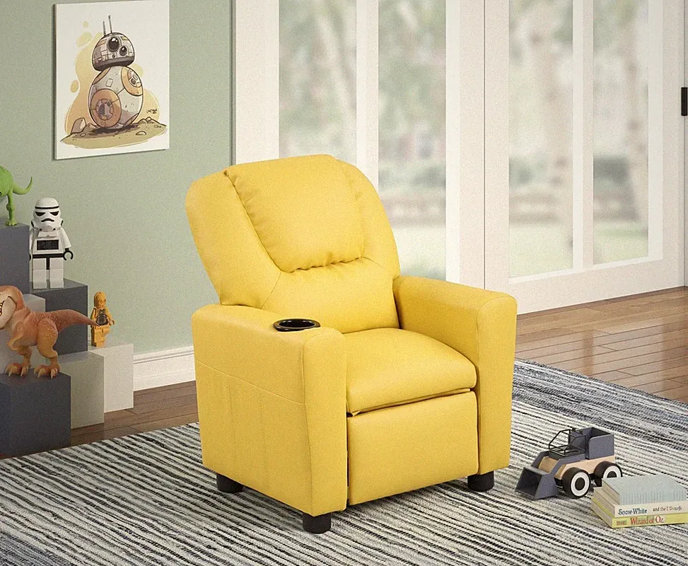 Kids Recliner Chair 23" Wide Yellow - PU Leather, Built-in Cup Holder