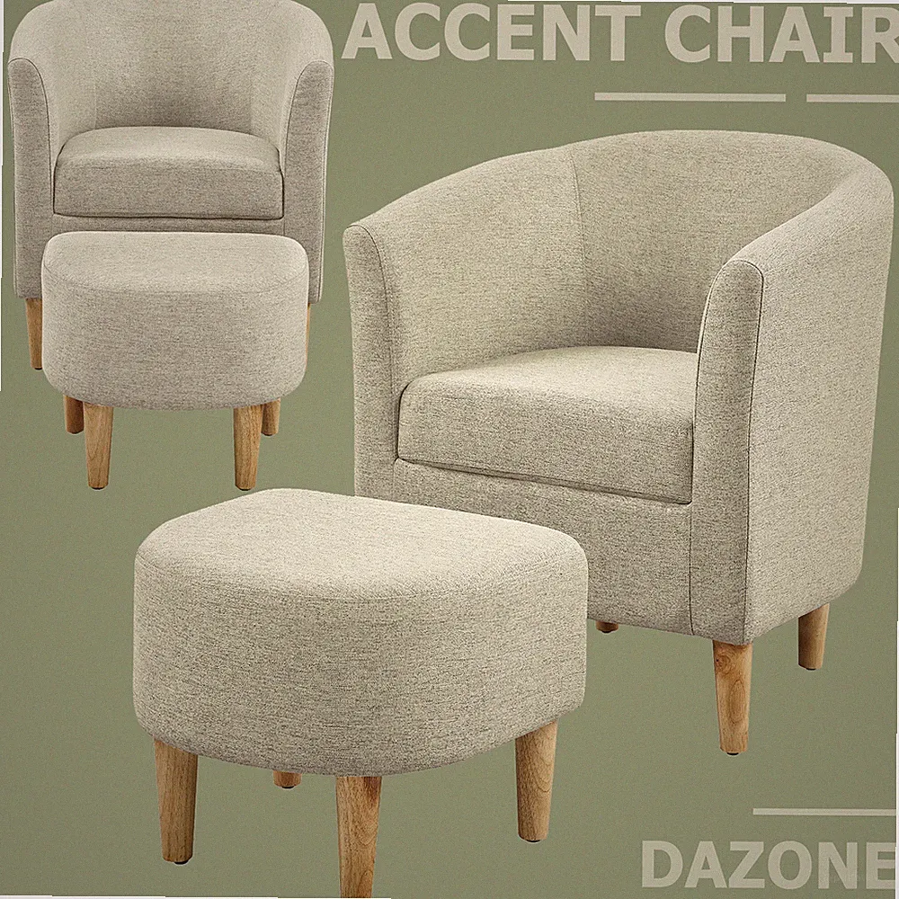 Modern Upholstered Barrel Chair Tub Armchair Linen Blend Sofa w/ottoman Bedroom
