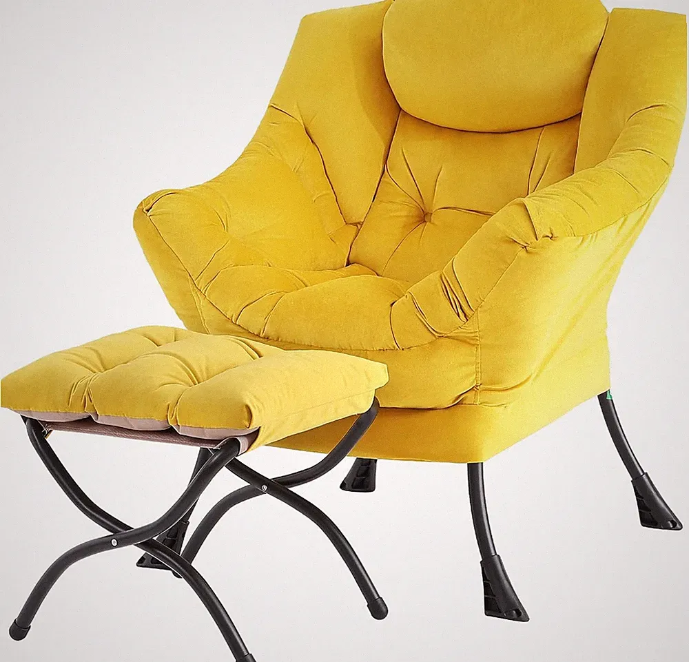 Modern Yellow Velvet Lazy Chair with Ottoman for Living Room & Bedroom