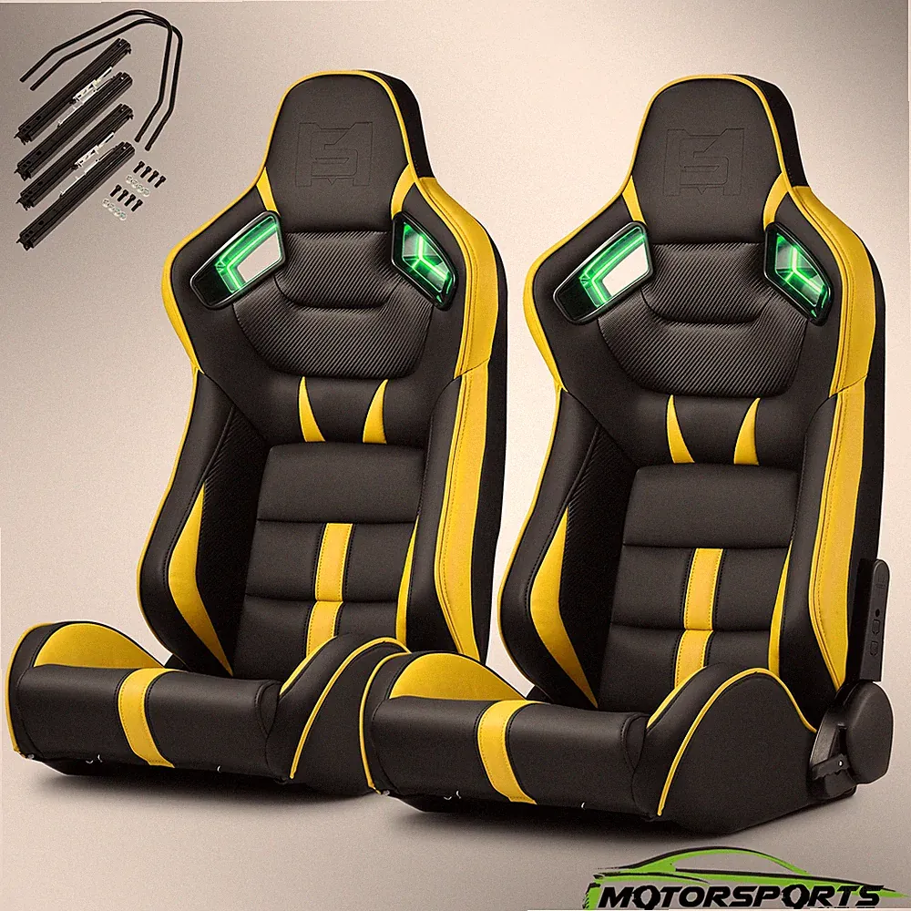 [Noen Racer Series]Black+Yellow Reclinable PVC Univeral Racing Seats Pair