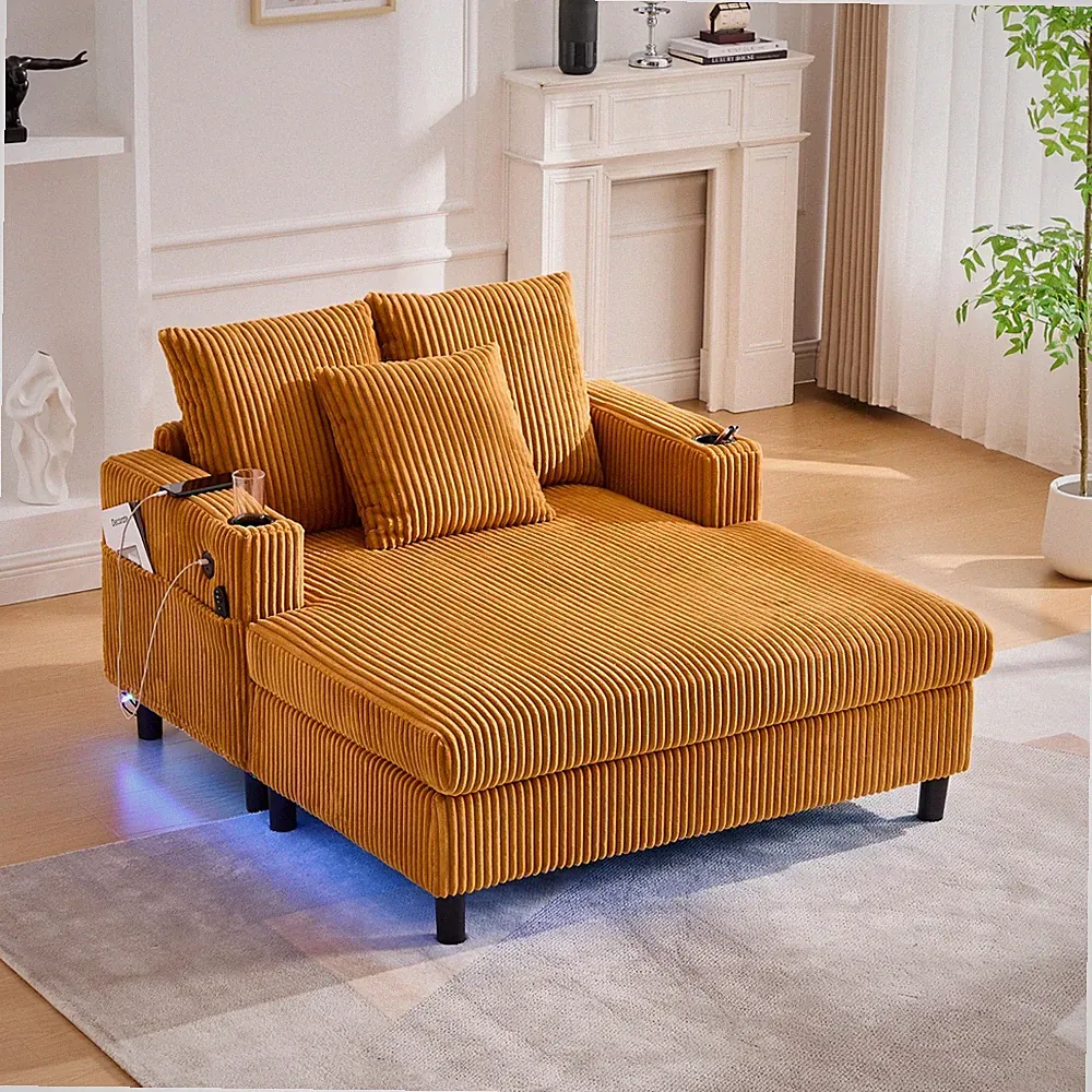 Oversized Corduroy Chaise Lounge Chair w/ USB Port LED Light Strip & Cup Holder