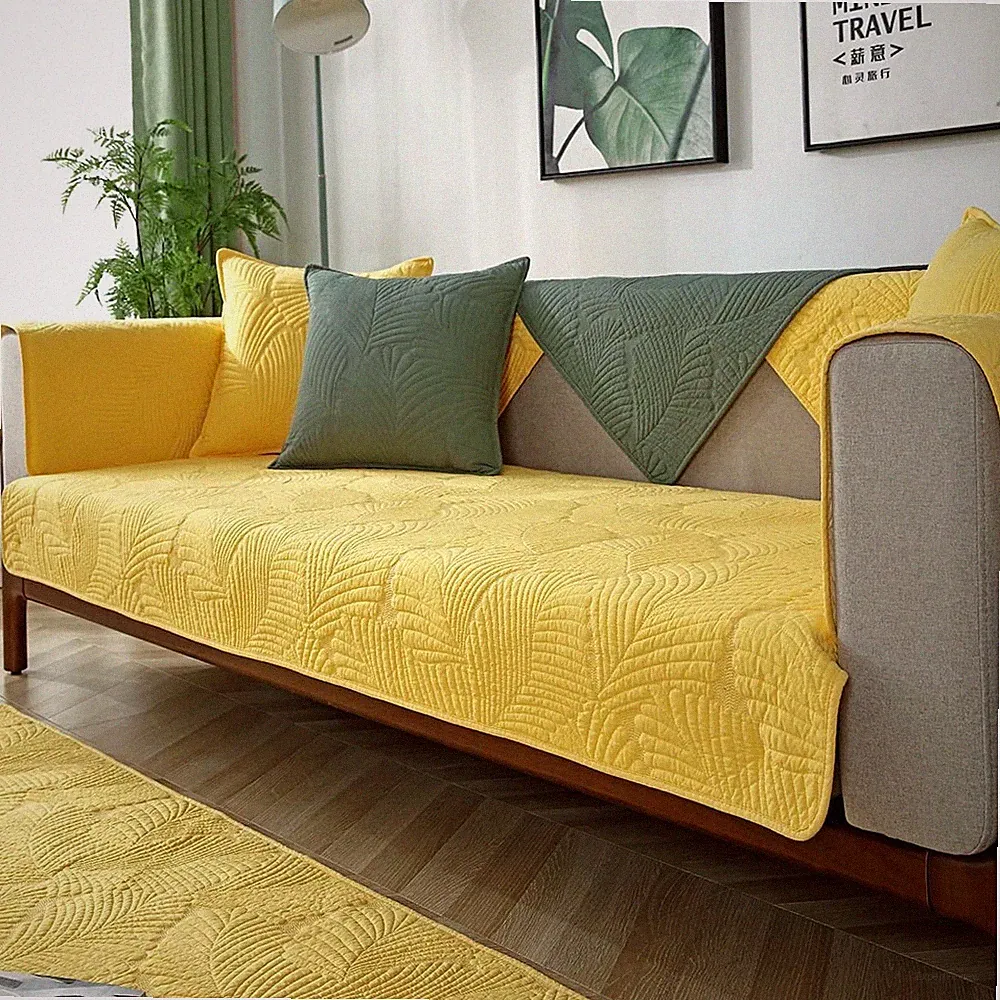 Solid Color Leaf Cotton Quilted Sofa Covers Anti-Slip Soft Sectional Couch Co...