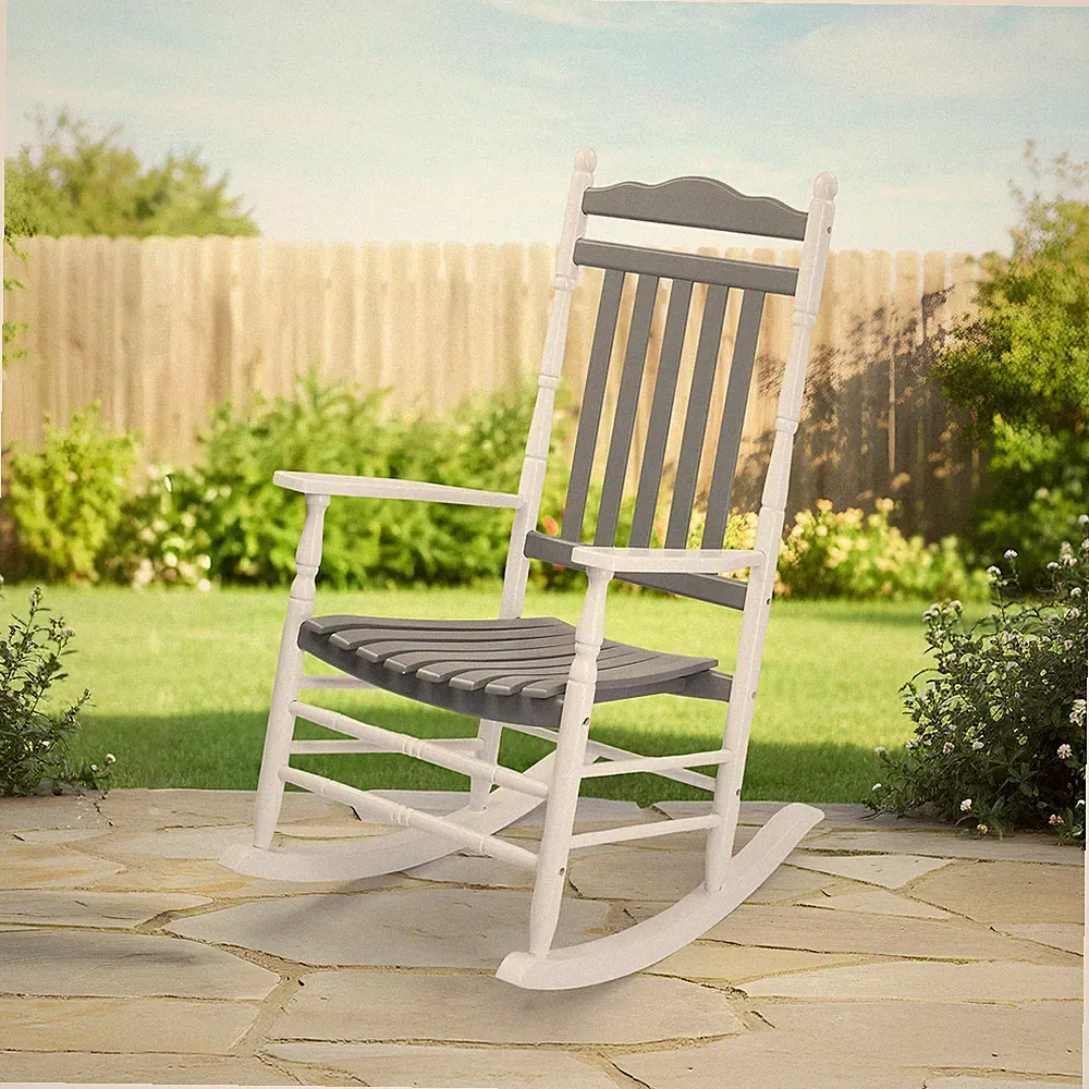 Wooden Rocking Chair 45" Armchair, High Back Reclining Seat for In/Outdoor Porch